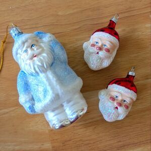 Vintage Glittery Santa Ornaments Retro Lot of 3